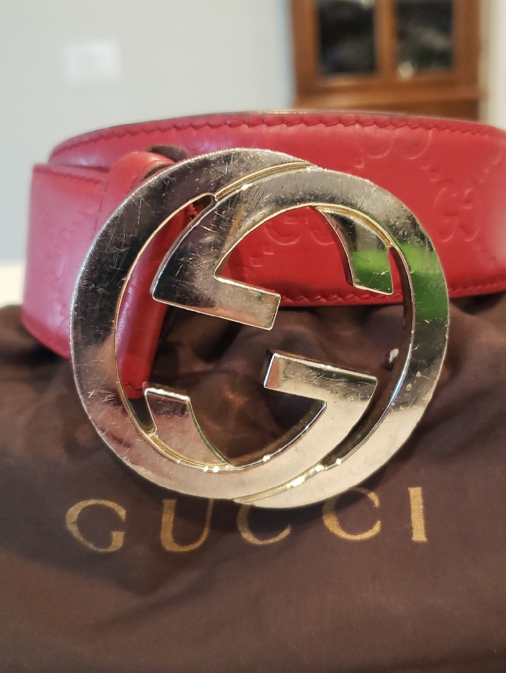 Gucci Women Red Leather Belt with Gold Double G Buckle Size Small 85/34 - Picture 2 of 11